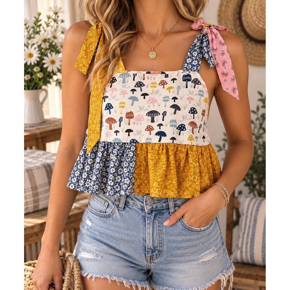 OOAK Handmade Mushroom Crop Top Women's Small Sleeveless Tie Strap Cottagecore
